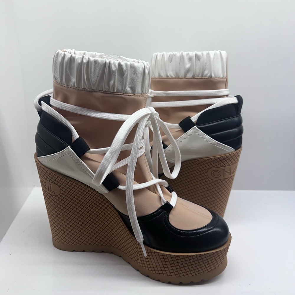 Patent Calfskin Runway Wedge Short Platform Boots in Black White Beige